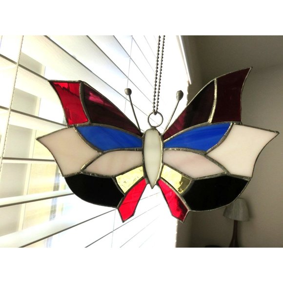 Vintage Stained Glass Butterfly Hand-Crafted Sun Catcher Red Blue White - Picture 10 of 12